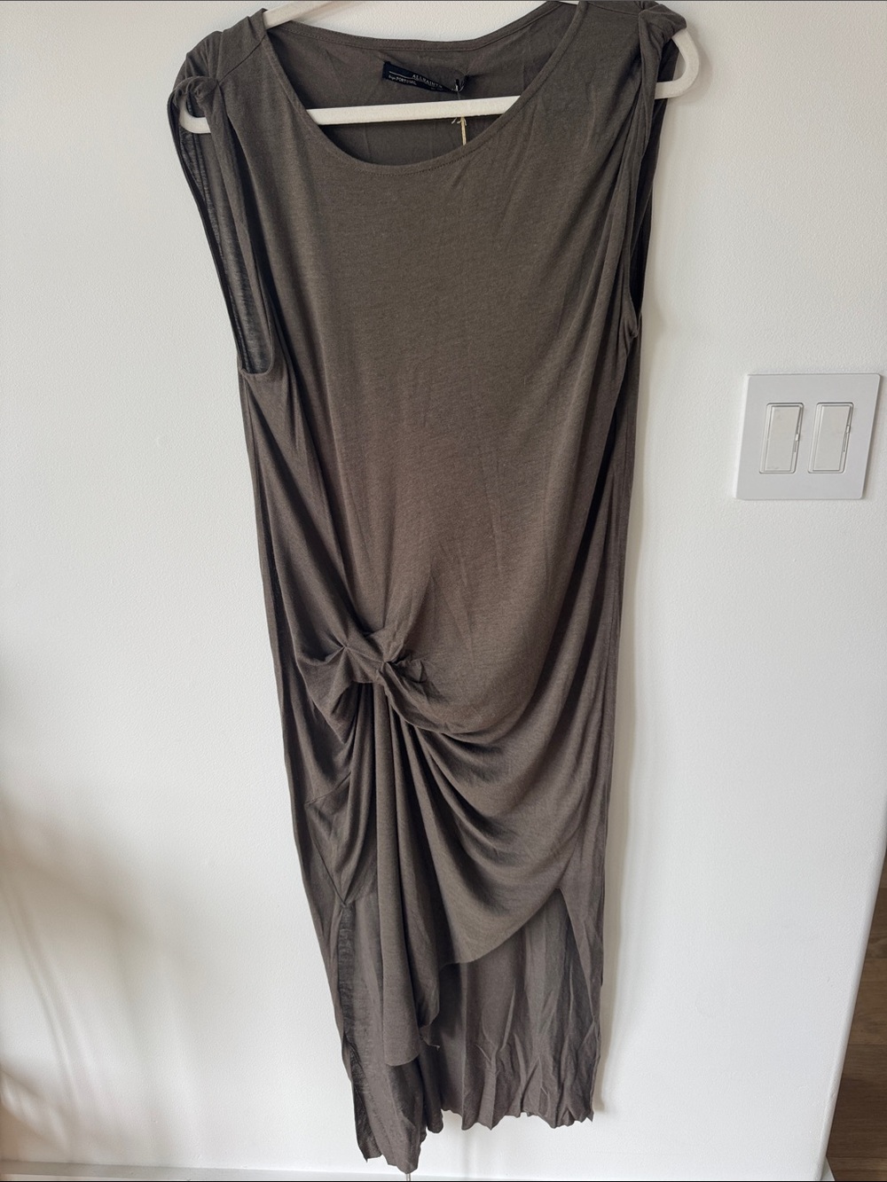 AllSaints Olive-Green Asymmetrical Knot Midi Dress